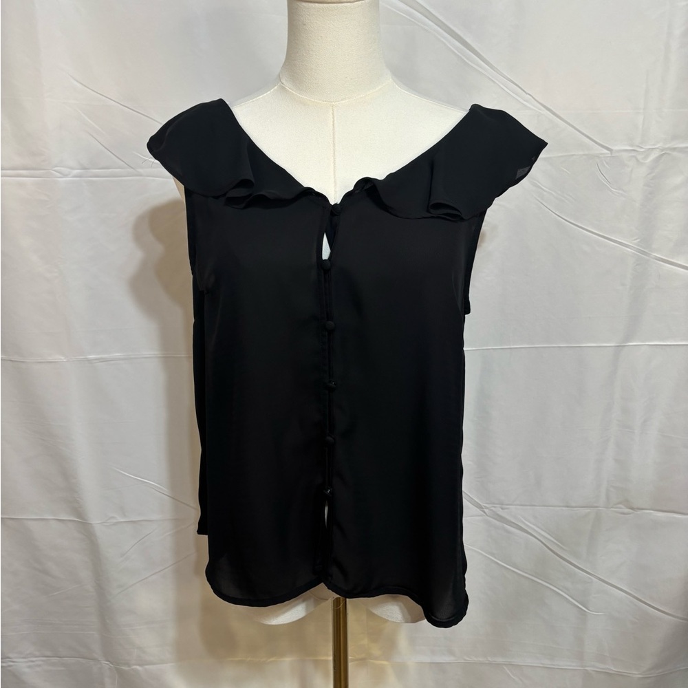 Mine Black Ruffle Blouse Button Front Sheer Top Size‎ Medium
